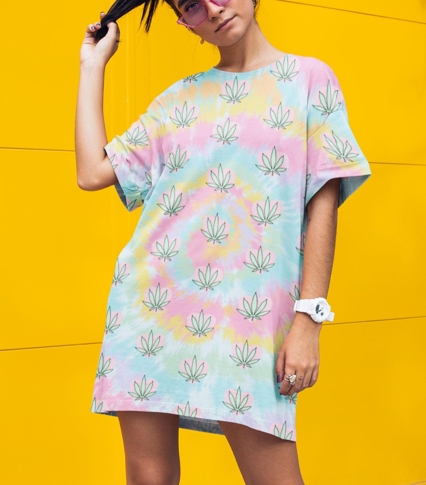 Weed Leaf Tie-Dye T-Shirt Dress