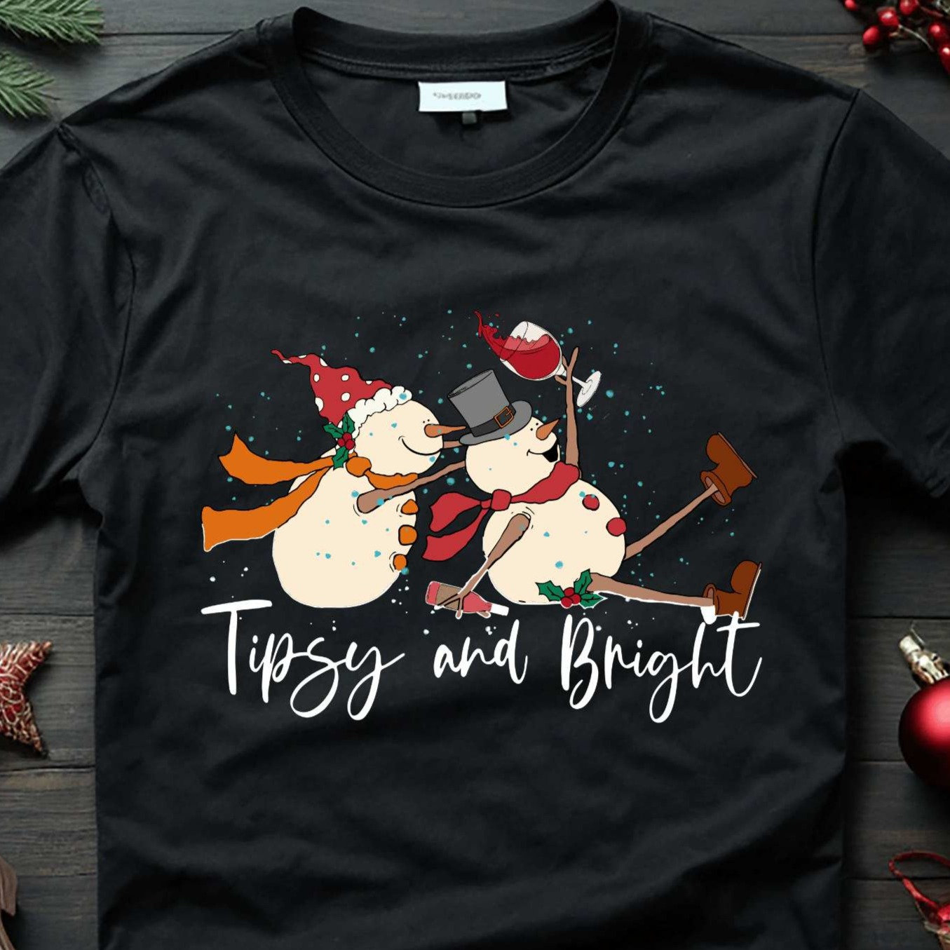 Tipsy and Bright Funny Holiday Shirt Short Sleeve, Cheers To The New Year Shirt, Funny Snowman T-Shirt