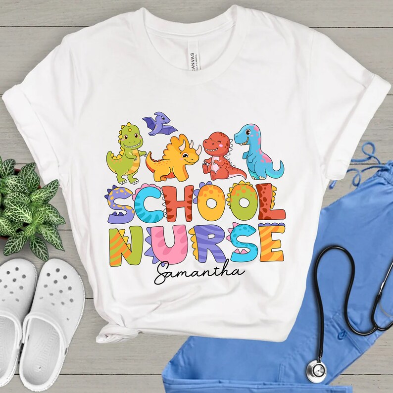 Personalized School Nurse Shirts,Dinosaur School Nurse Shirt,Elementary Pre K School Nurse Appreciation Gifts,Last Day School,Back to School