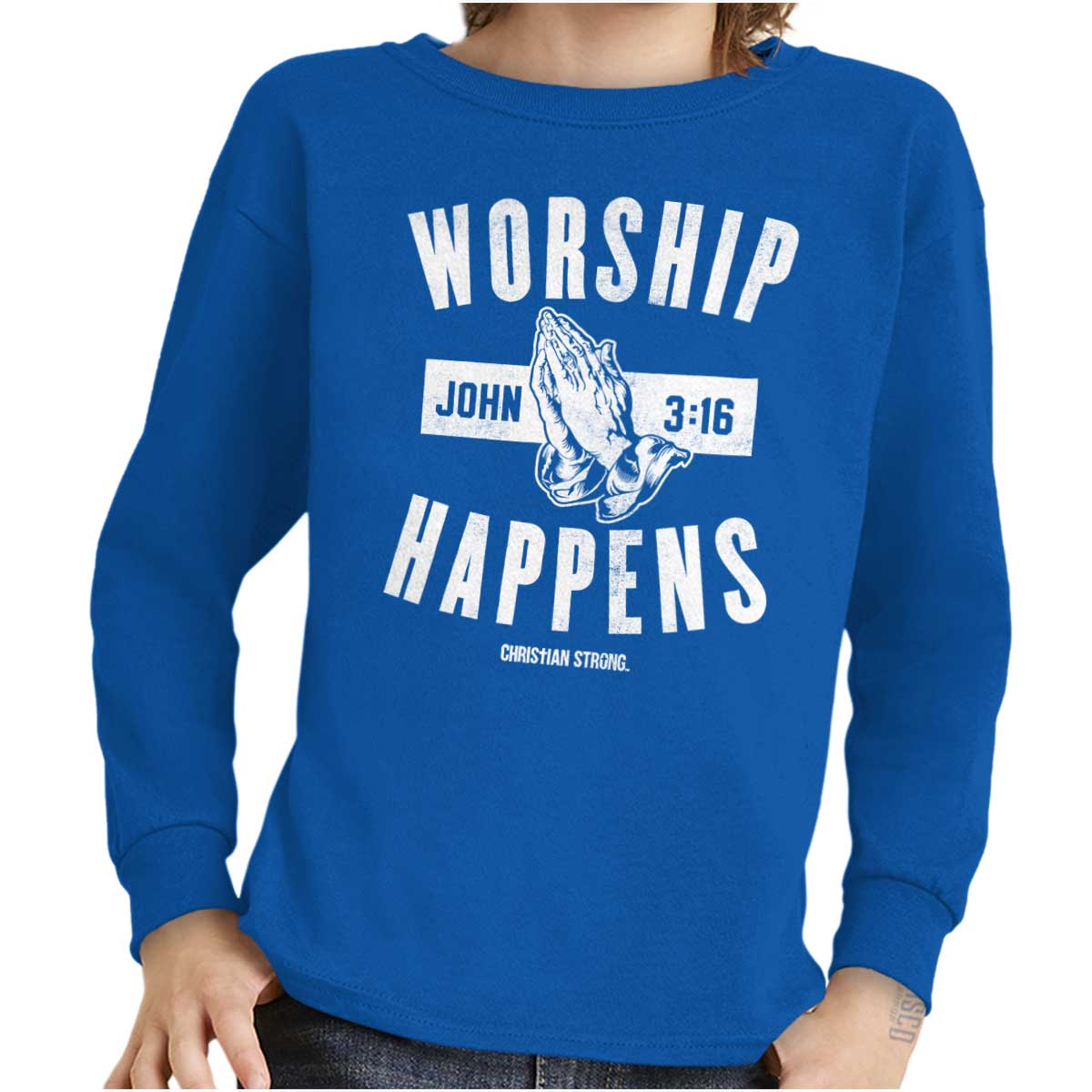 Worship Happens Youth Long Sleeve T Shirt