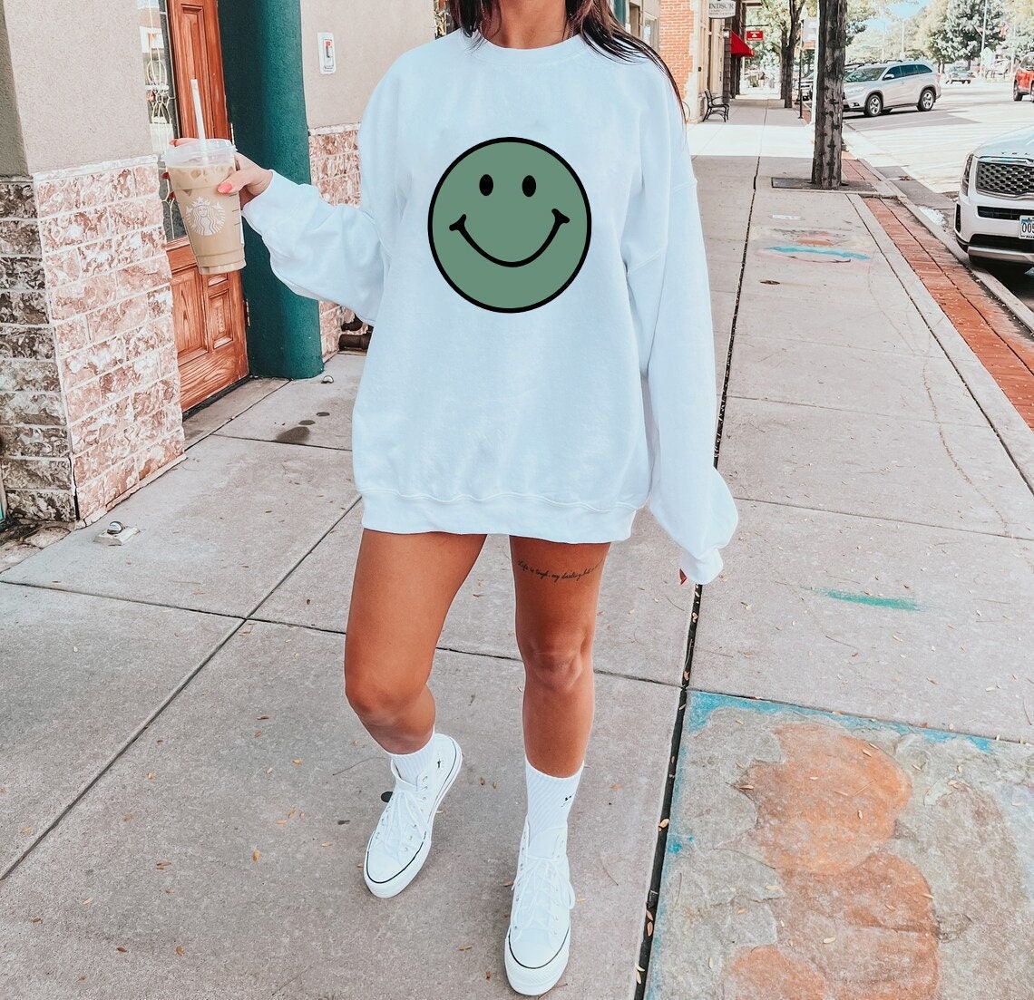 Distressed Vintage Look Smile Face Crewneck Sweatshirt, Retro Smile Shirts, Smile Graphic Sweatshirt, Good Vibes, Positivity, Be Happy Gift