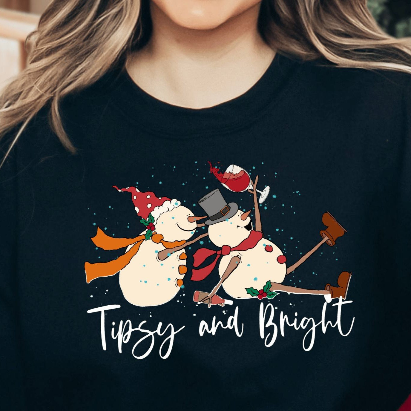 Tipsy and Bright Funny Holiday Sweatshirt, Long Sleeve Sweatshirt, Funny Snowman T-Shirt, Cheers To The New Year Shirt