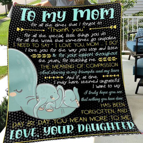 To My Mom Elephants Heart Fleece Blanket, Gifts for Mom from Daughter, Gift for Mothers Day