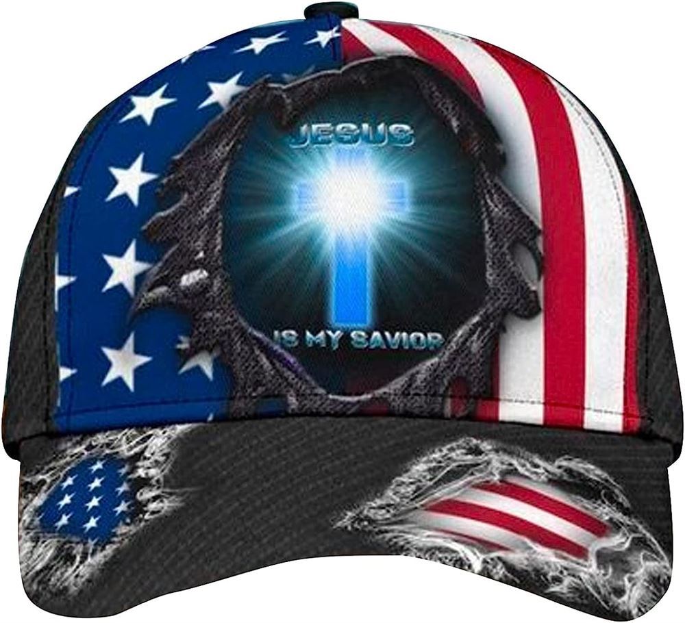 Jesus Is My Savior American Flag Jesus Cross Light All Over Print Baseball Cap, God Cap, Gift Ideas For Male