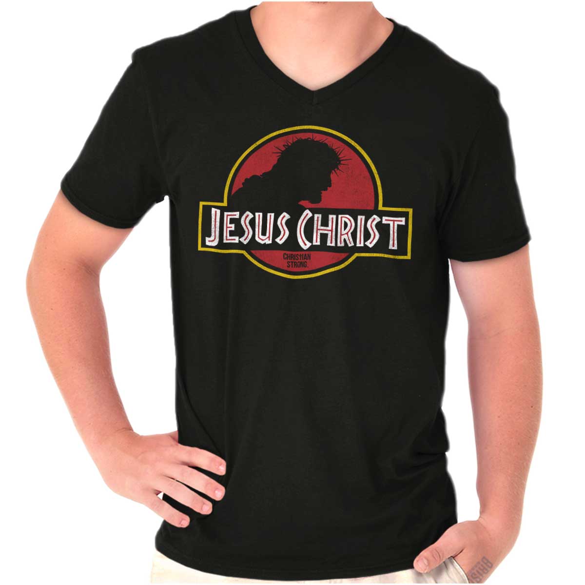 Jesus Jurassic Christ V-Neck T Shirt