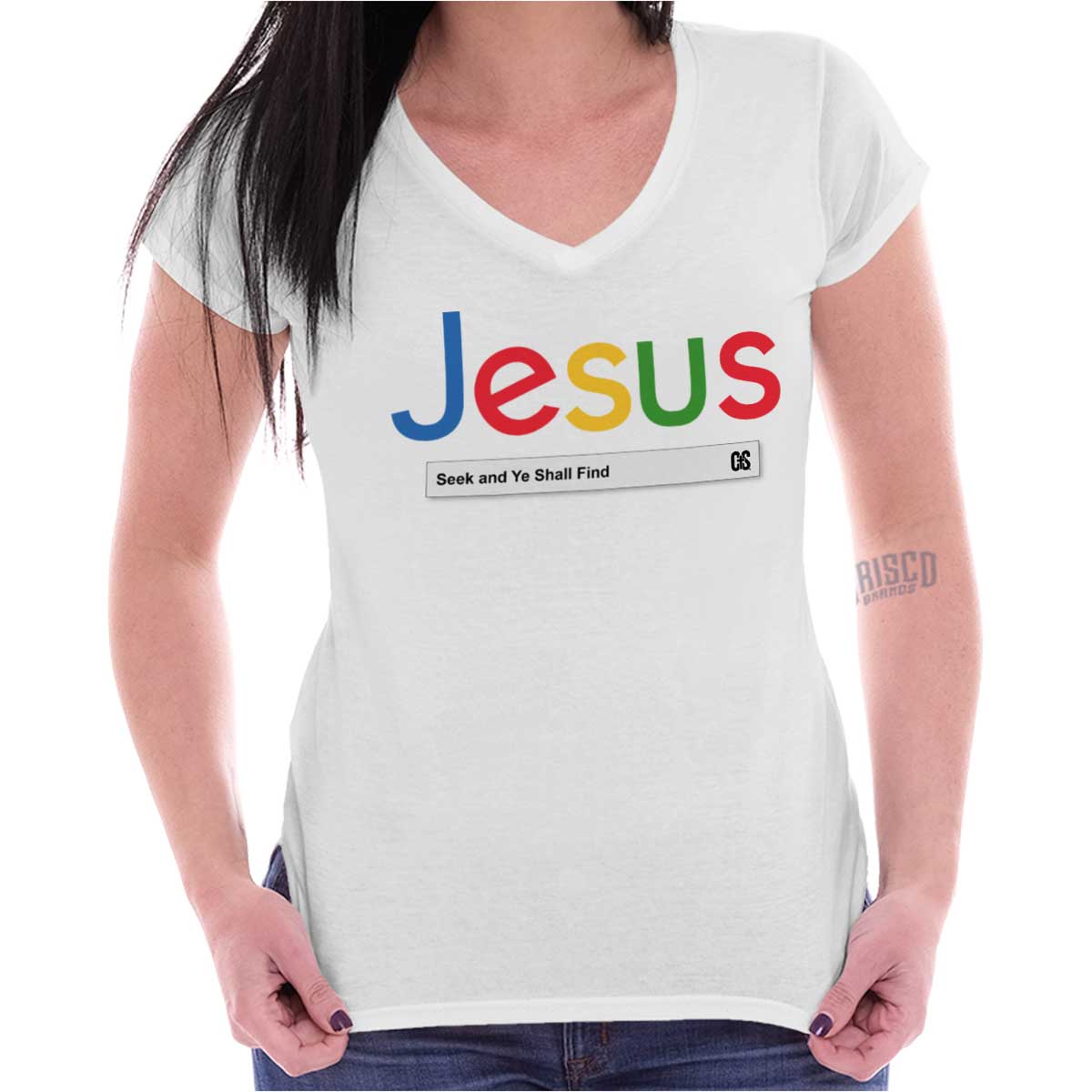 Jesus Seeking Answers Junior Fit V-Neck T Shirt