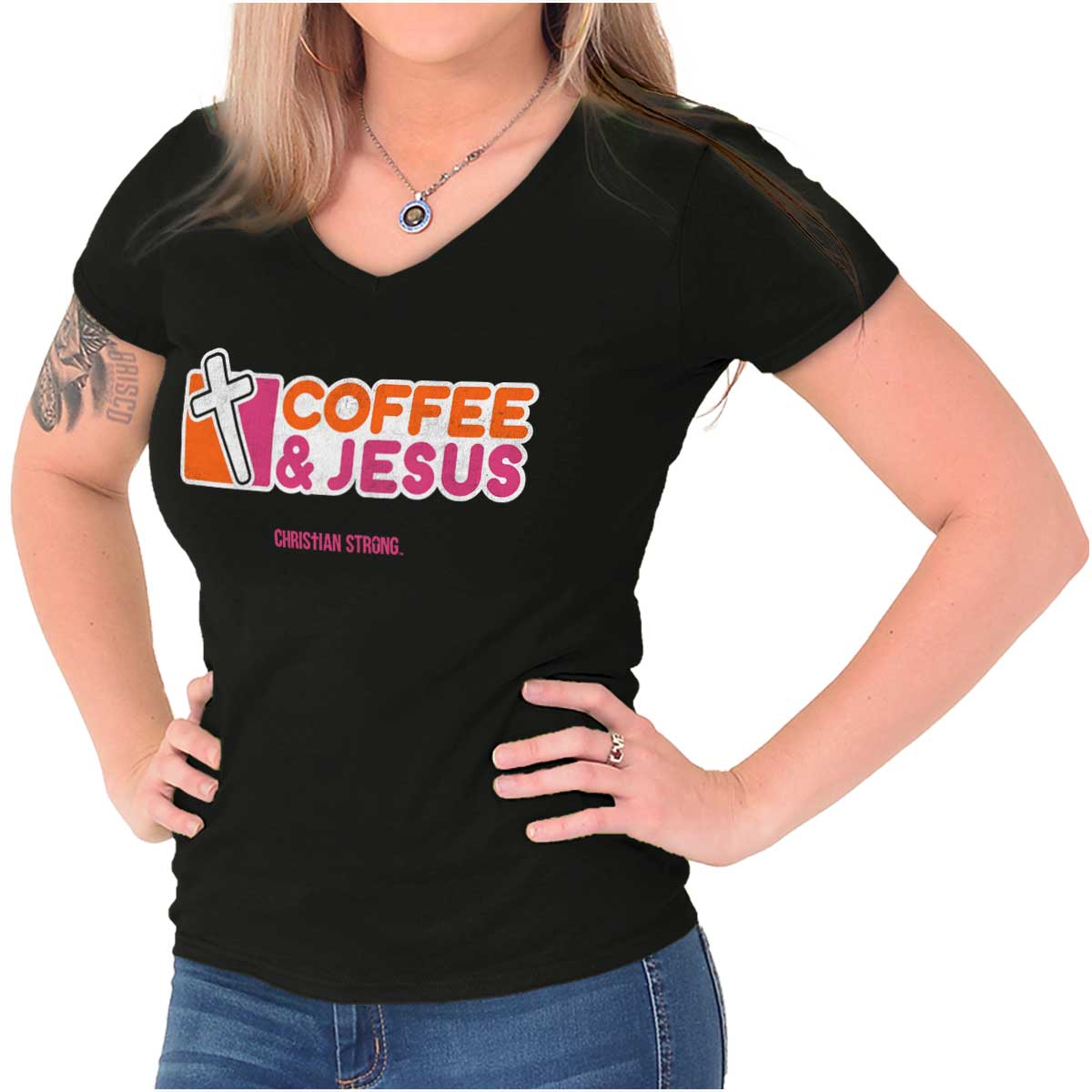 Coffee And Jesus Donuts Junior Fit V-Neck T Shirt