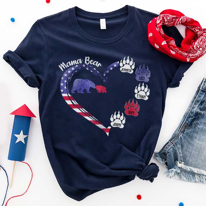 Mama Bear Patriotic Heart – Gift For 4th Of July – Personalized Unisex T-Shirt