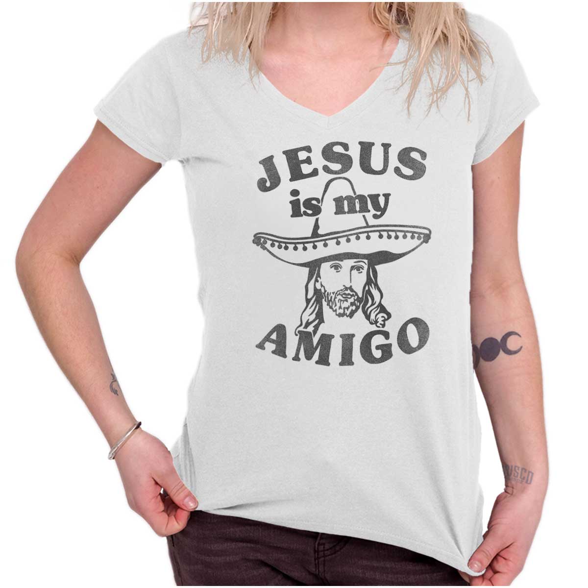 Amigo Jesus Junior Fit V-Neck T Shirt