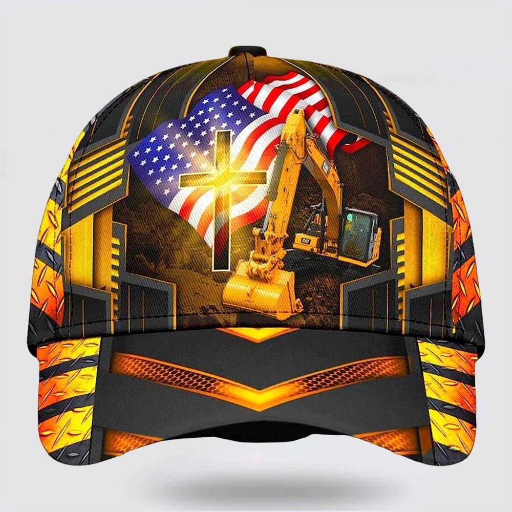 Jesus American Flag Excavator All Over Print Baseball Cap, God Cap, Gift Ideas For Male