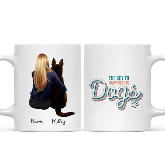 Mom & Dog Mugs – Girl With Dog Mug – Retriever – Sheepdog – Custom Mug – The Key To Happiness Is Dog – Gifts For Bestie, Family, Sister, Cousin, Friends, Lover – Personalized Mug