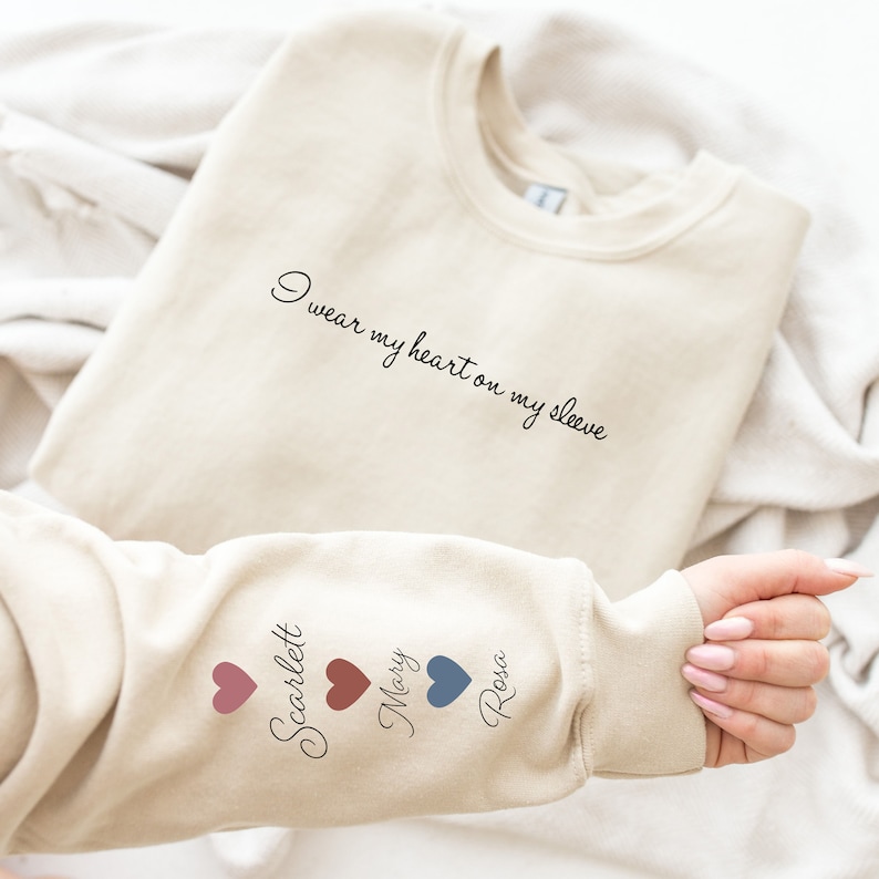 Personalized Mama Sweatshirt with Kid Name on Sleeve, Mom Sweatshirt, I Wear My Heart on My Sleeve Sweatshirt, Mothers Day Gift, Mom Gift