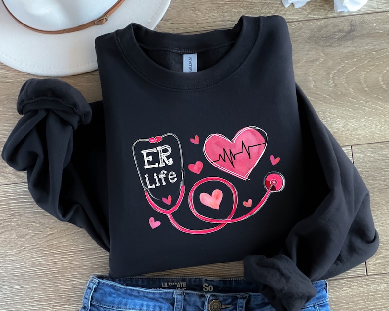 Nurse Valentines Sweatshirt, Heart Stethoscope Heartbeat Sweatshirt, ER Life Nurse Valentine’s Day Shirt, Retro Valentine, Valentines Gift