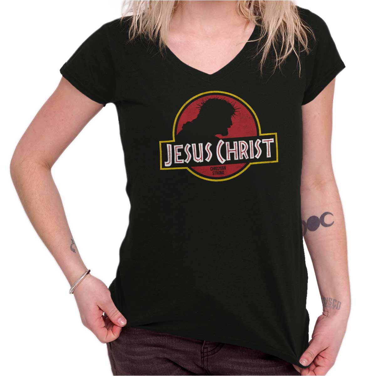 Jesus Jurassic Christ Junior Fit V-Neck T Shirt