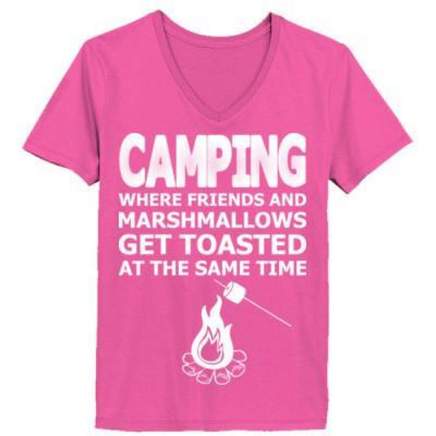 AGR Camping Where Friends And Marshmallows Get Toasted At The Same Time – Ladies’ V-Neck T-Shirt