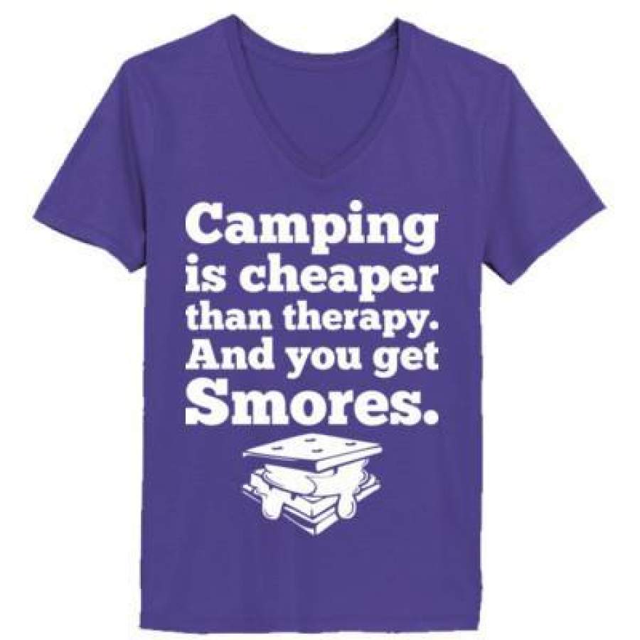 AGR Camping Is Cheaper Than Therapy And You Get Smores – Ladies’ V-Neck T-Shirt