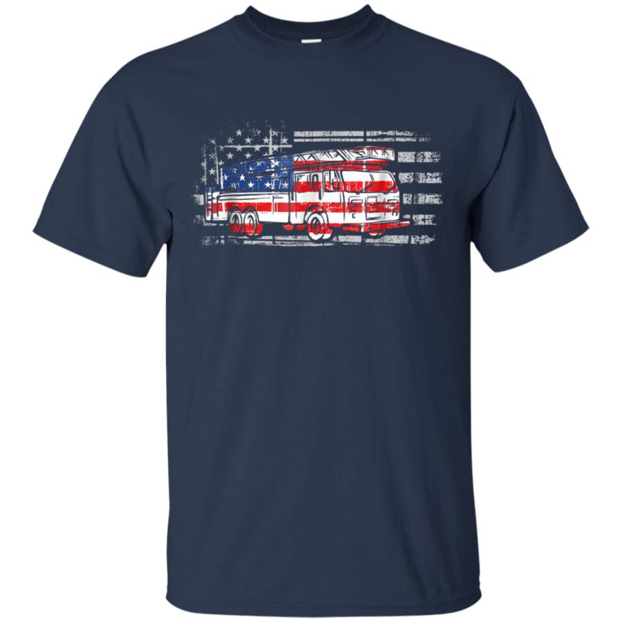 AGR America Flag Patriotic Firetruck T-Shirt 4th of July Gift