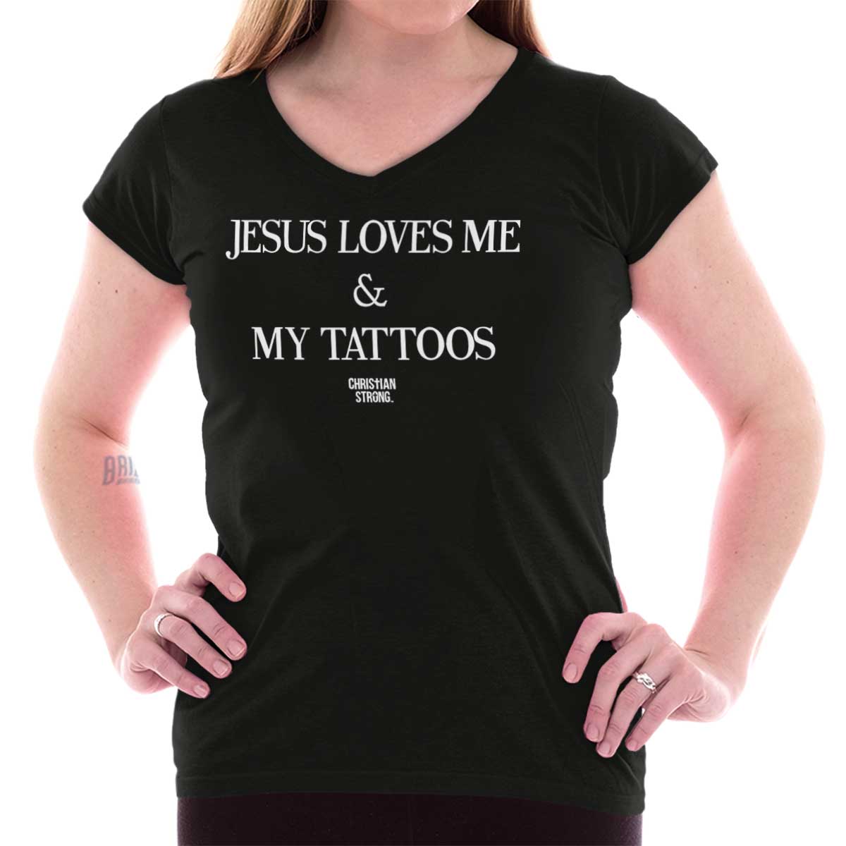 Jesus Loves My Tattoo Junior Fit V-Neck T Shirt