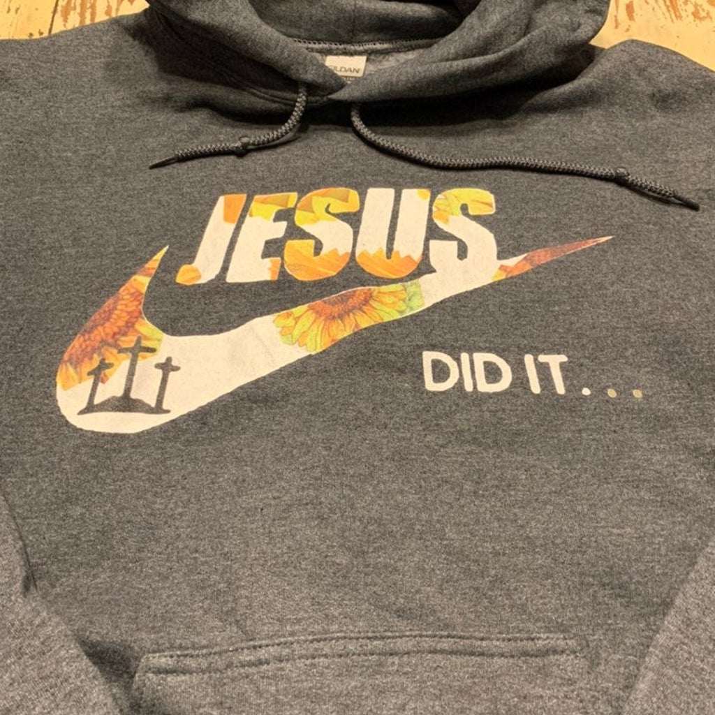 Womens Dark Gray Medium Hoodie Jesus Did It Sunflower Print