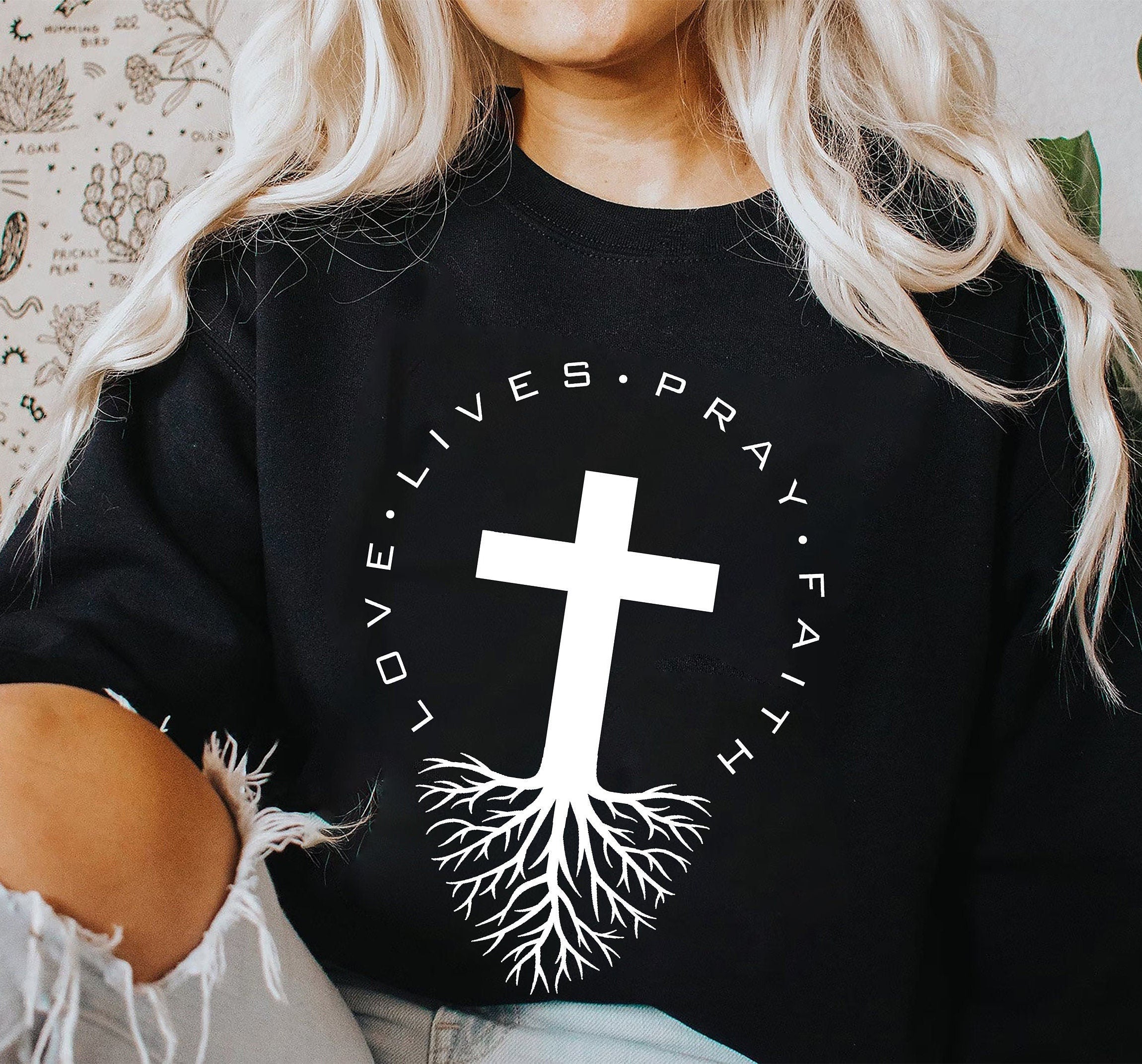 Jesus Love Lives Pray Faith T-Shirt, Cross Tree Shirt, Jesus Tee Shirt, Christian Cross Shirt, Pray With Jesus T-Shirt, Pray Shirt