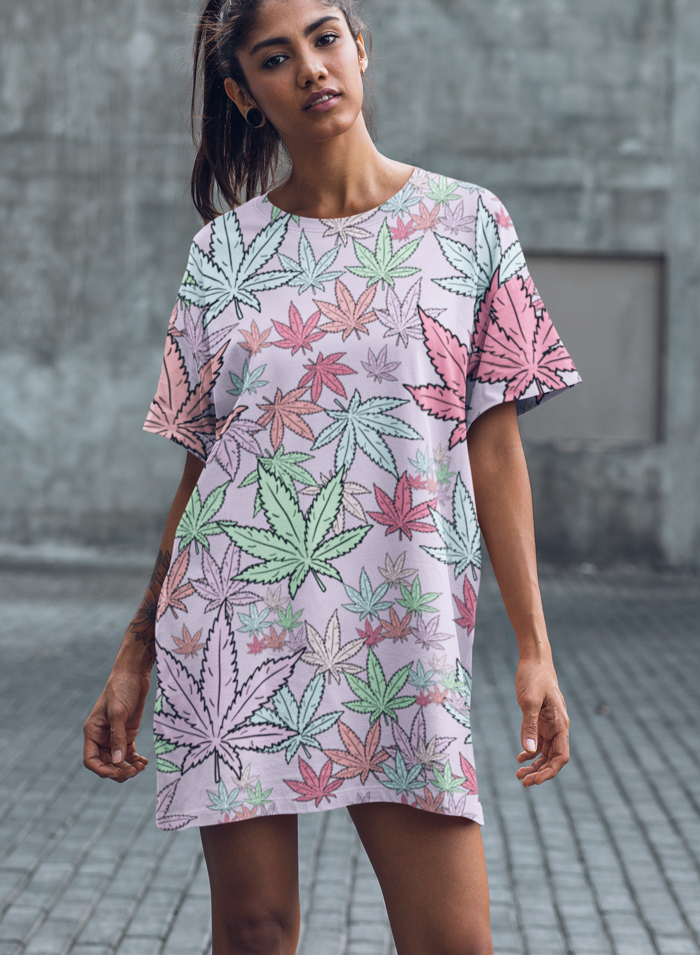 Weed Leaf Pastel T-Shirt Dress