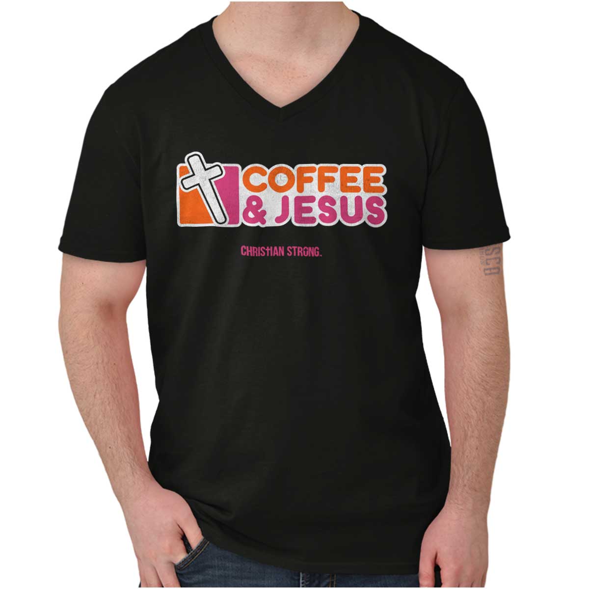 Coffee And Jesus Donuts V-Neck T Shirt