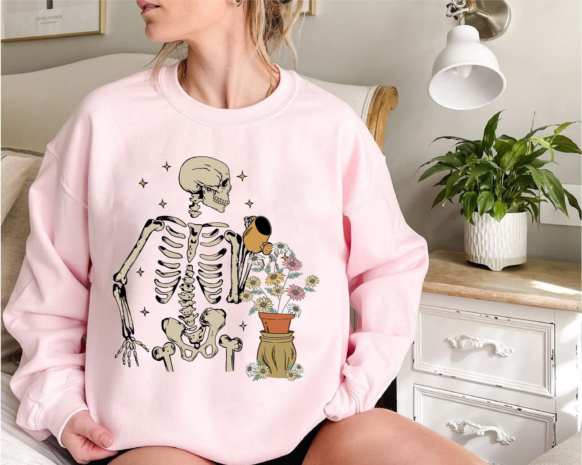 Skeleton Watering Flowers Crewneck Sweatshirt, Cute Gardening Shirt For Plant Lovers, Skeleton Graphic Sweathirt, Plant Gift,Plant Lover Mom