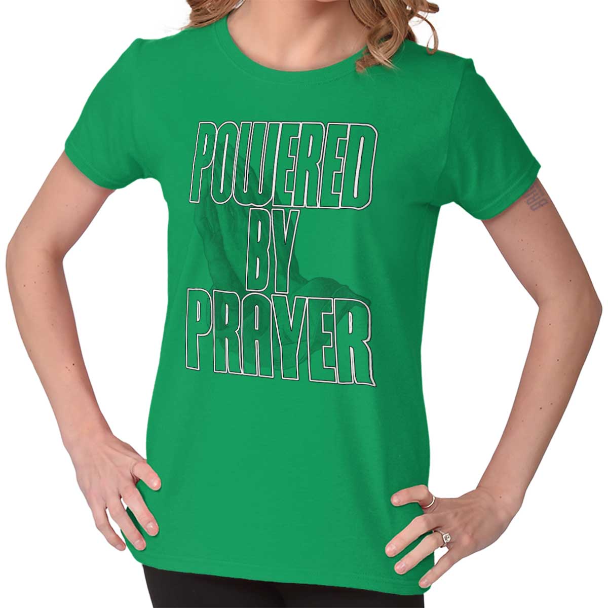 Powered By Prayer Ladies T Shirt