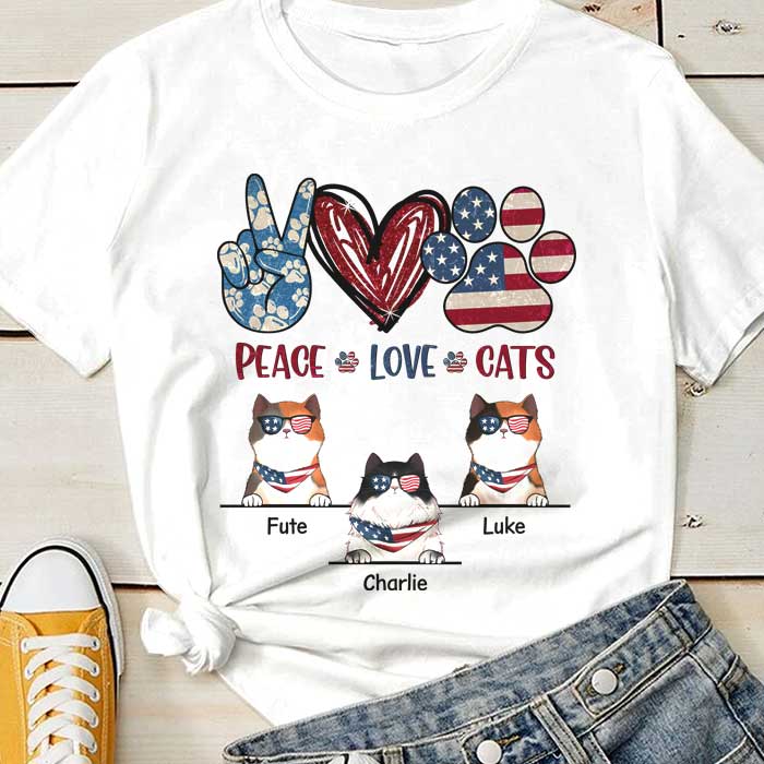 Peace Love Cats – Gift For 4th Of July, Personalized Unisex T-Shirt