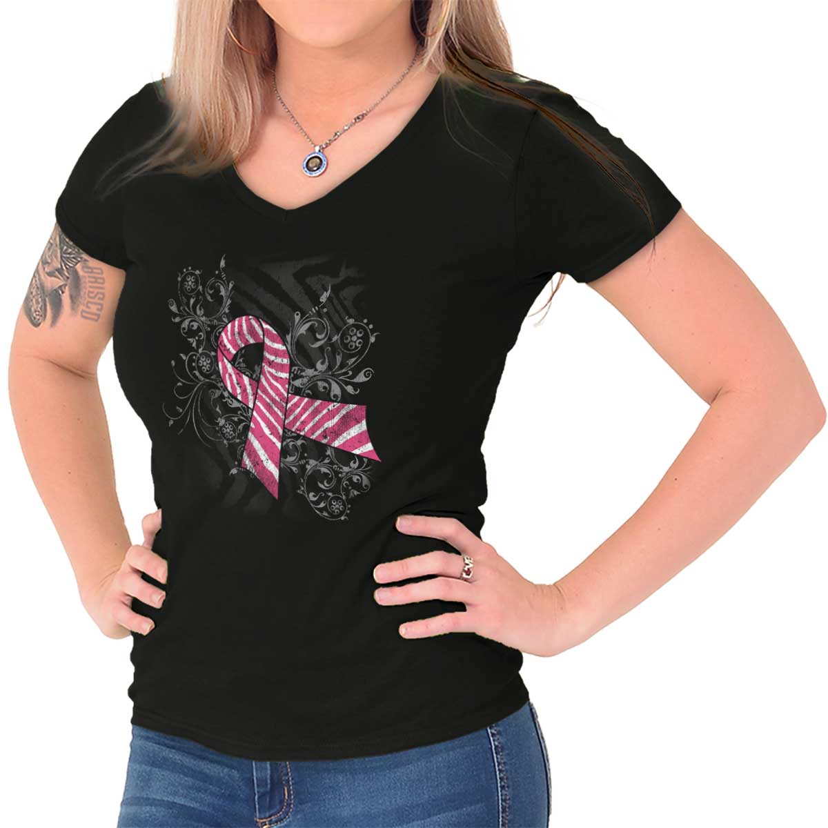 Pink And White Ribbon Junior Fit V-Neck T Shirt