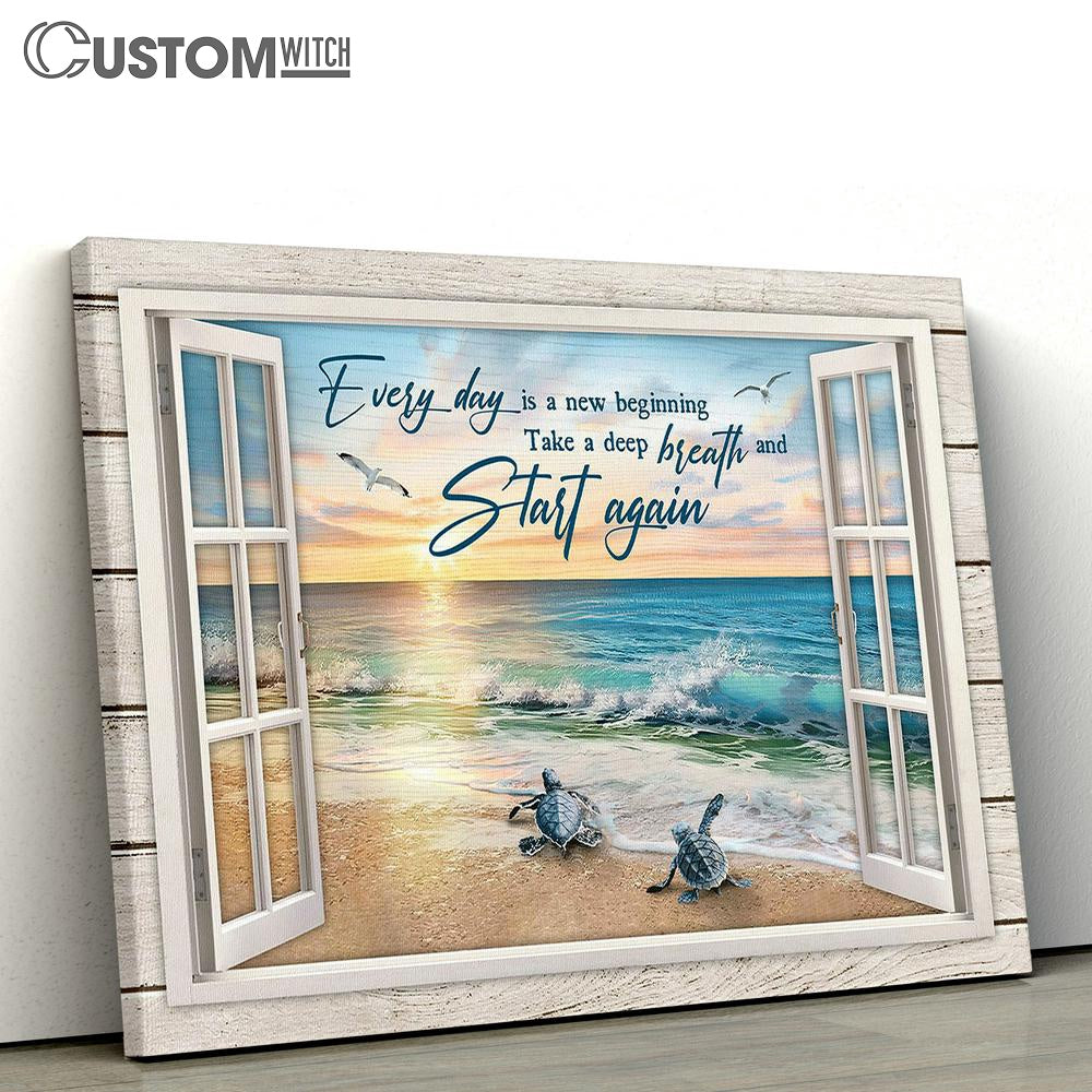 Every Day Is A New Beginning Sea Turtles Seagull Canvas Wall Art – Bible Verse Canvas – Religious Prints
