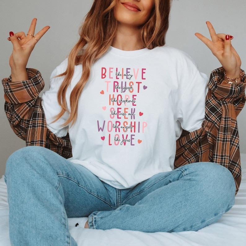 Retro Christian Valentine Shirt, Love Like Jesus Valentines Day Sweater, Love Hearts Tee, Believe Like Mary Shirt, Religious Valentine Gift